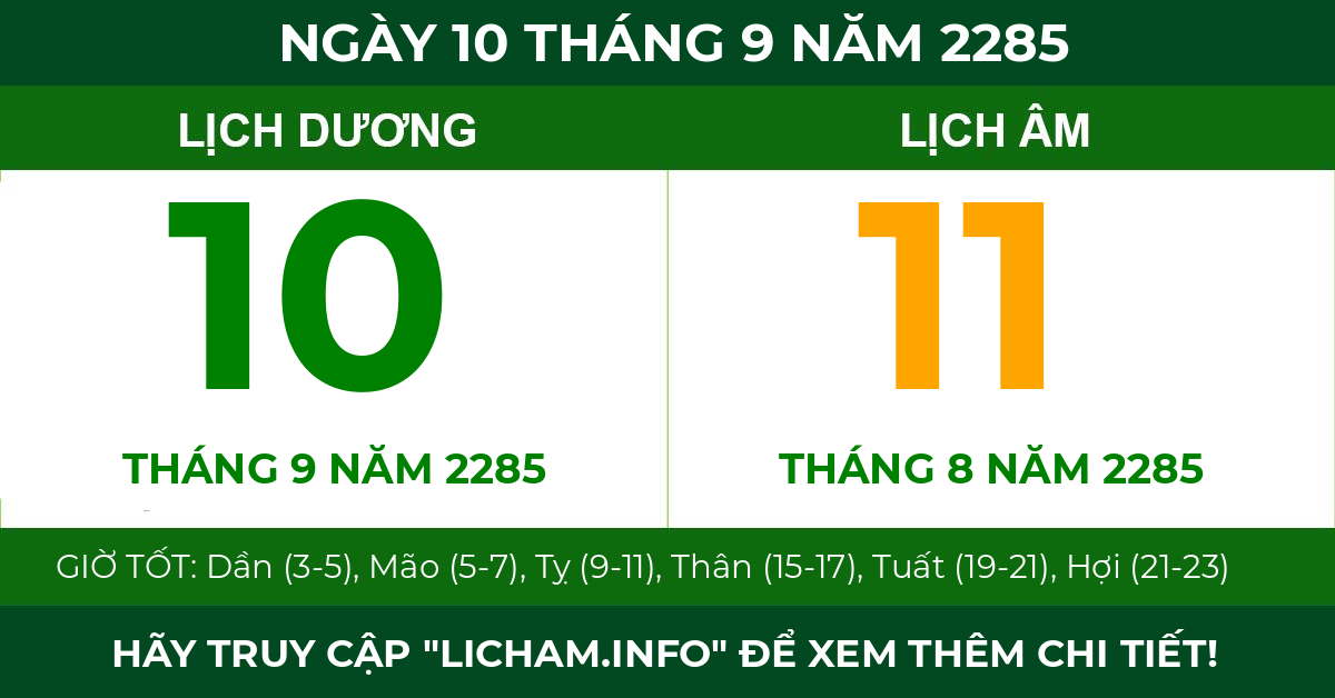 lịch âm ngày 10 tháng 9 năm 2285