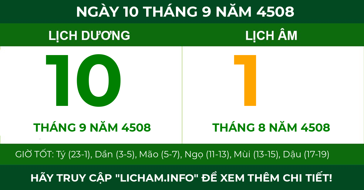 lịch âm ngày 10 tháng 9 năm 4508