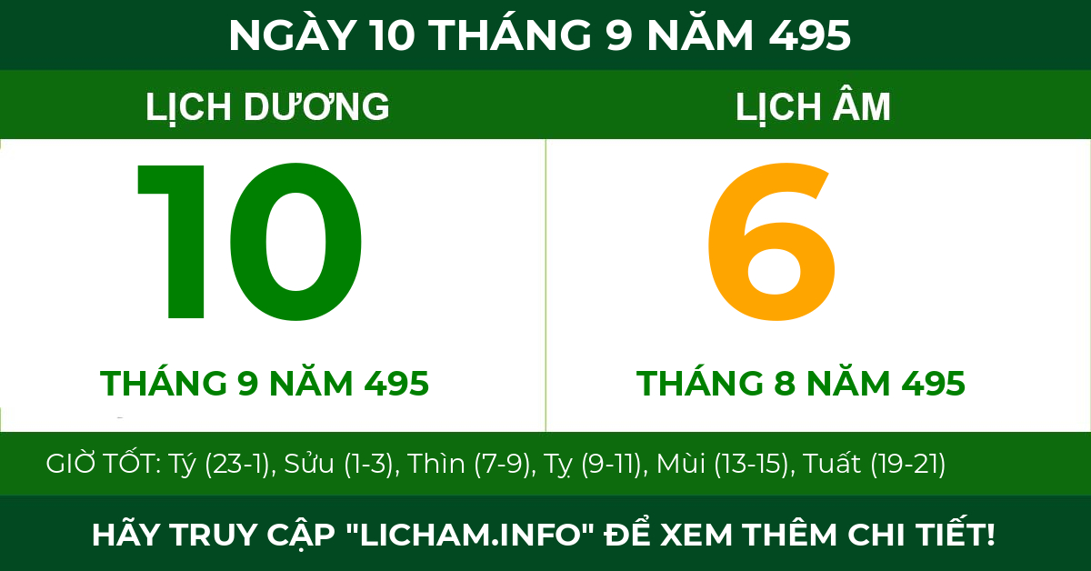 lịch âm ngày 10 tháng 9 năm 495