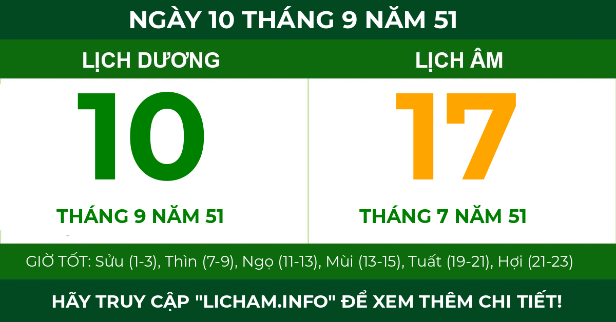 lịch âm ngày 10 tháng 9 năm 51