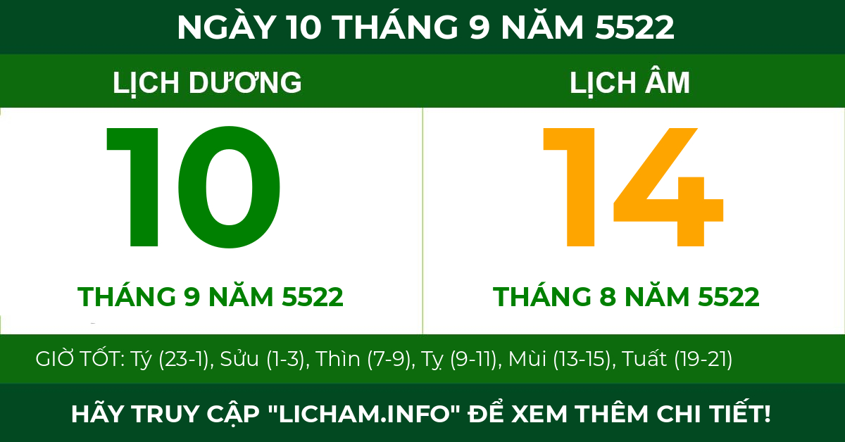 lịch âm ngày 10 tháng 9 năm 5522