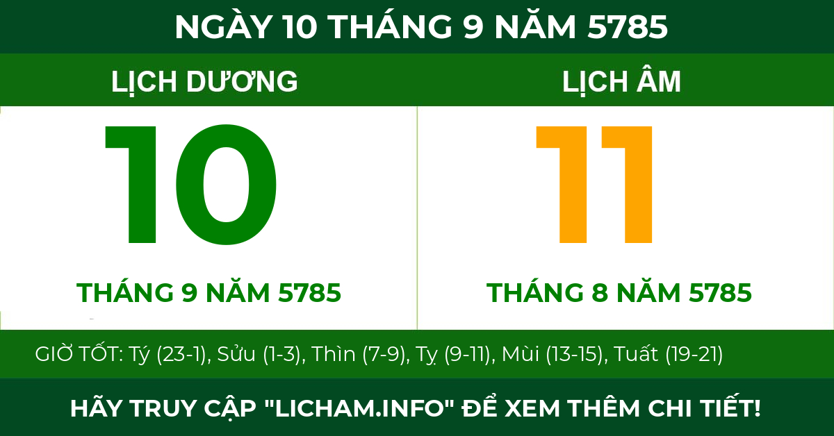 lịch âm ngày 10 tháng 9 năm 5785
