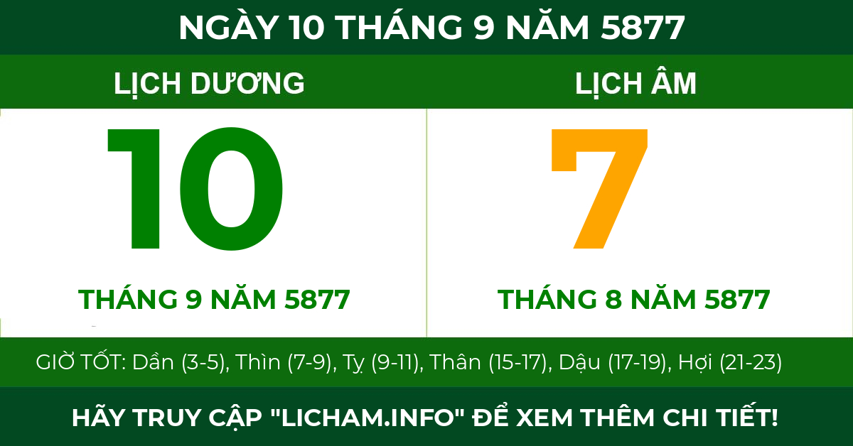 lịch âm ngày 10 tháng 9 năm 5877