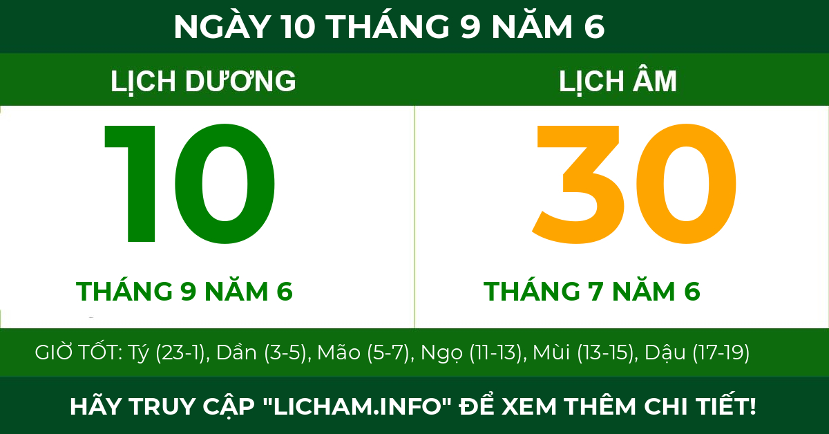 lịch âm ngày 10 tháng 9 năm 6