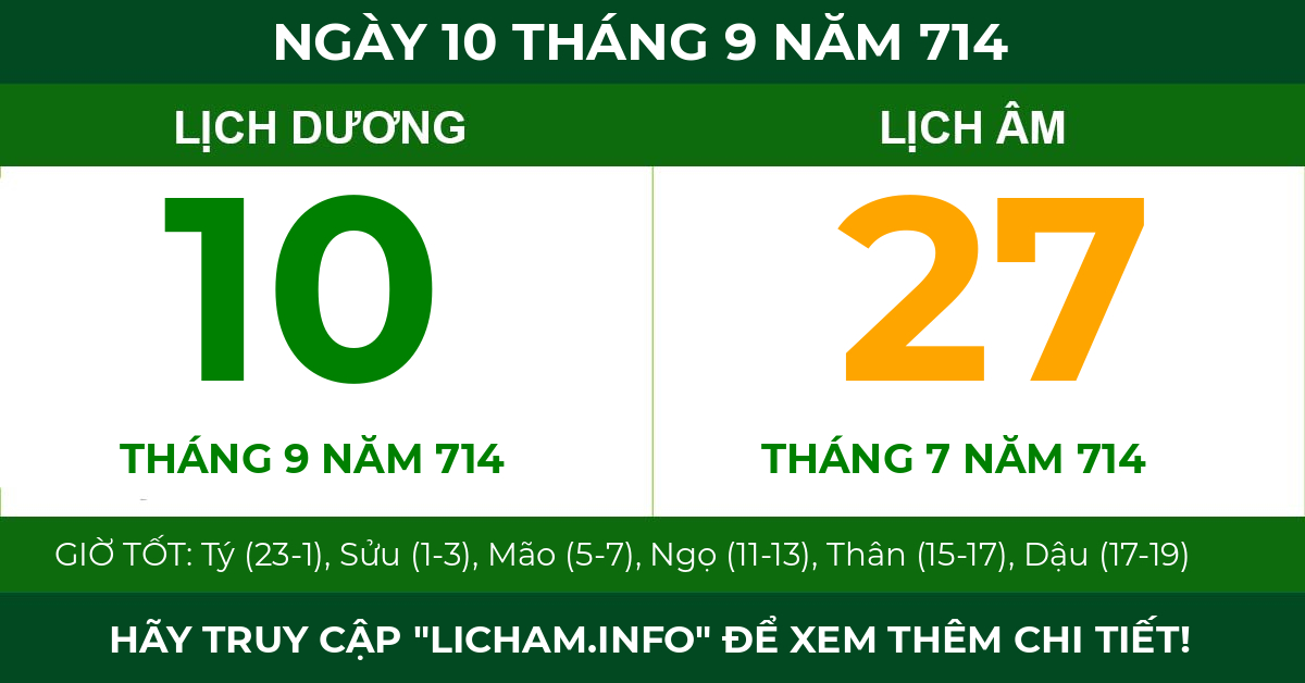lịch âm ngày 10 tháng 9 năm 714