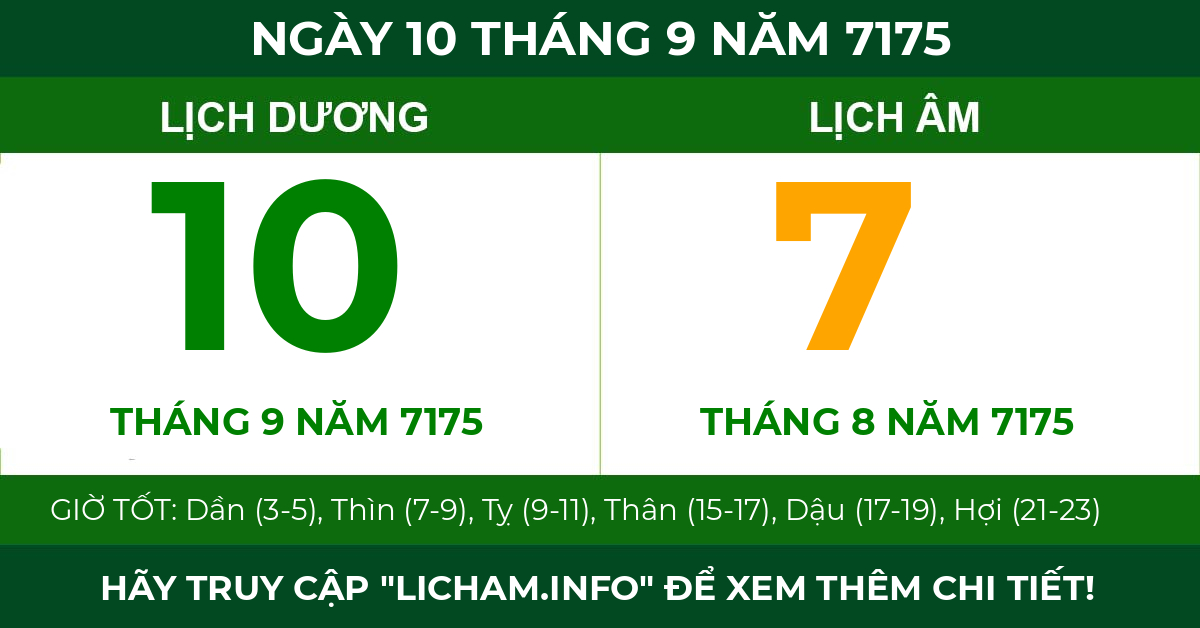lịch âm ngày 10 tháng 9 năm 7175