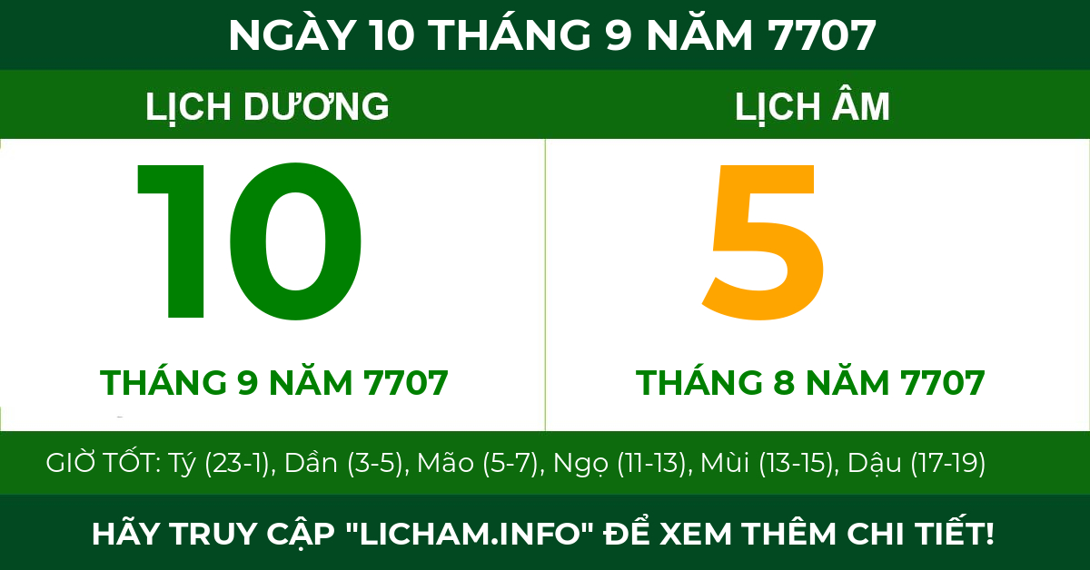 lịch âm ngày 10 tháng 9 năm 7707