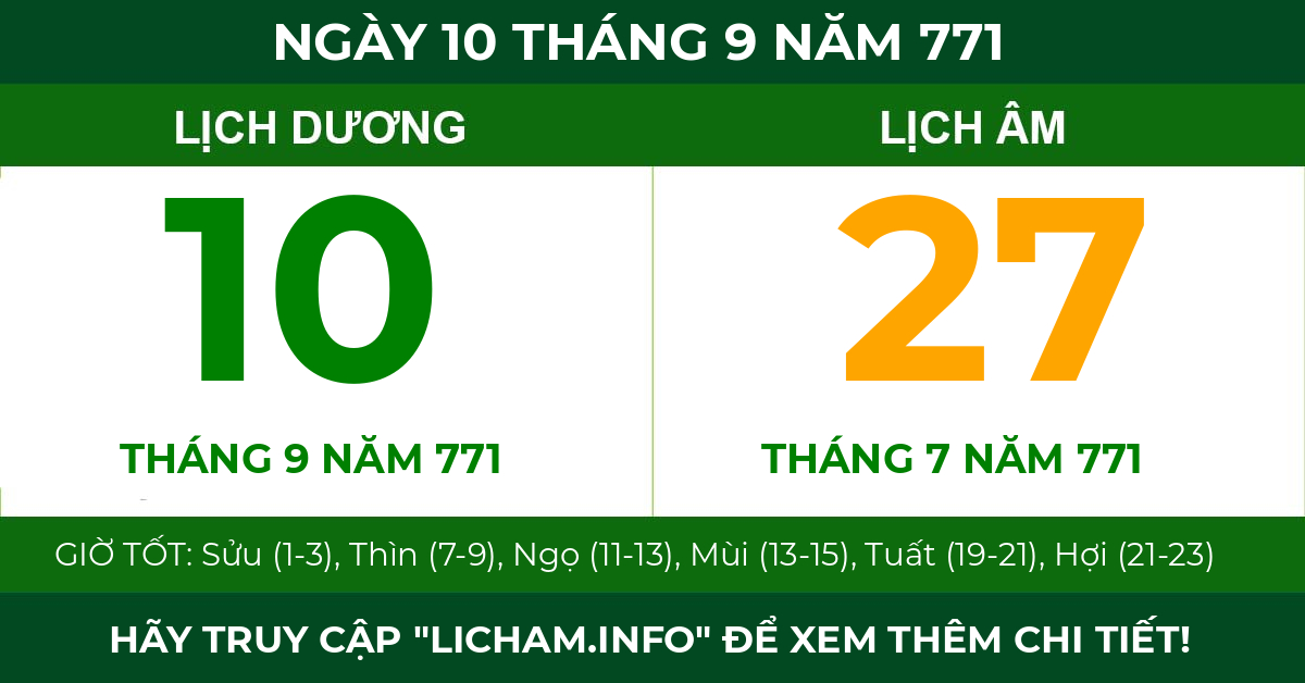 lịch âm ngày 10 tháng 9 năm 771