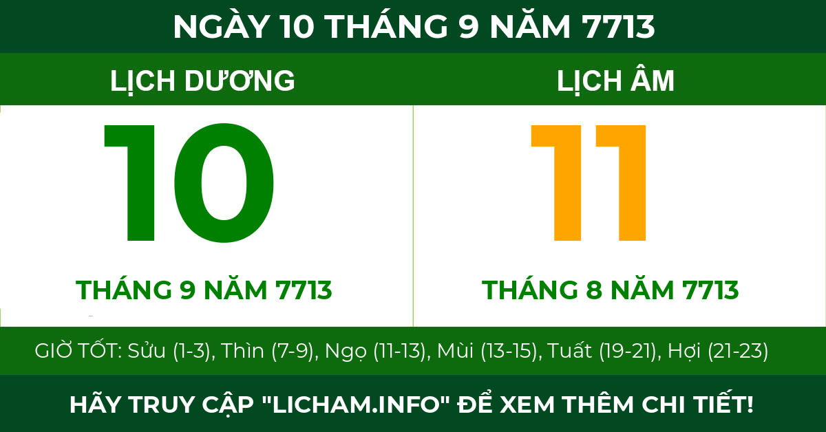 lịch âm ngày 10 tháng 9 năm 7713