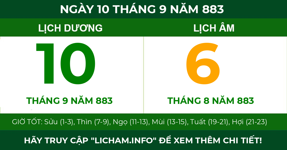 lịch âm ngày 10 tháng 9 năm 883
