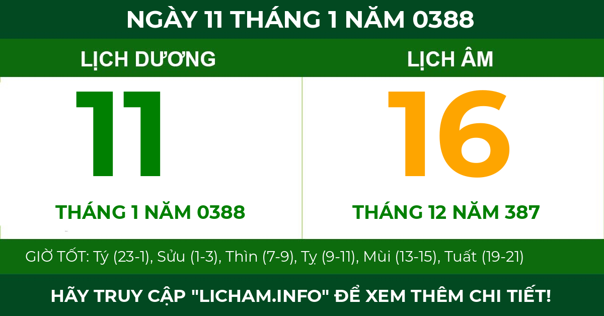 lịch âm ngày 11 tháng 1 năm 0388