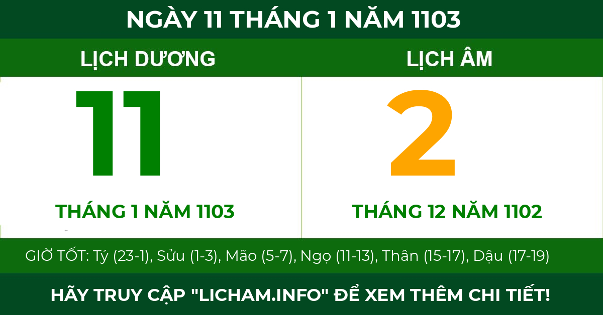 lịch âm ngày 11 tháng 1 năm 1103
