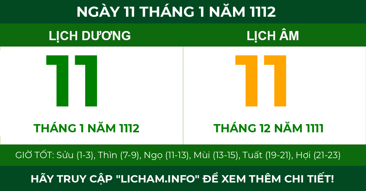 lịch âm ngày 11 tháng 1 năm 1112