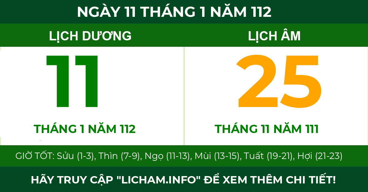 lịch âm ngày 11 tháng 1 năm 112