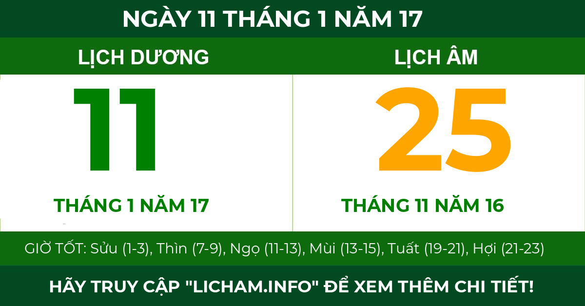 lịch âm ngày 11 tháng 1 năm 17
