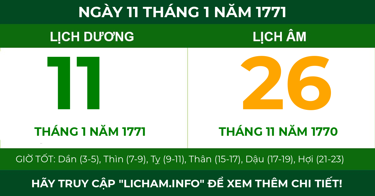 lịch âm ngày 11 tháng 1 năm 1771