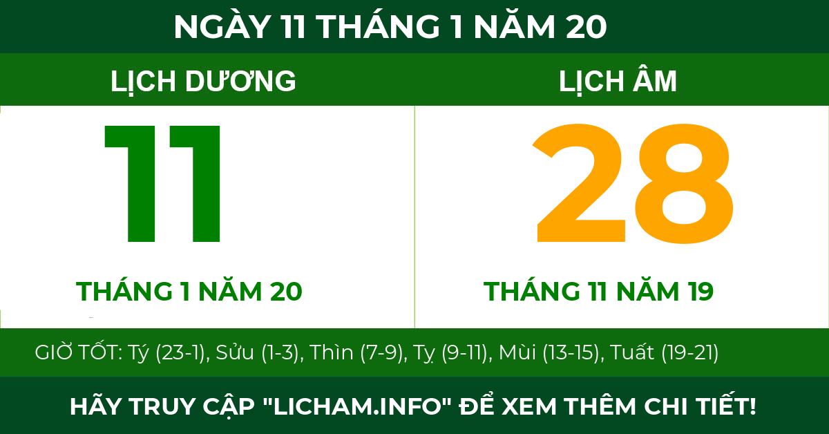 lịch âm ngày 11 tháng 1 năm 20