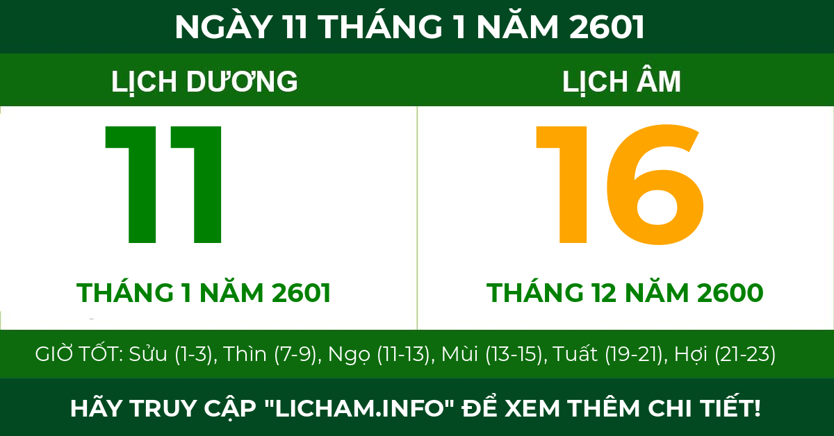 lịch âm ngày 11 tháng 1 năm 2601