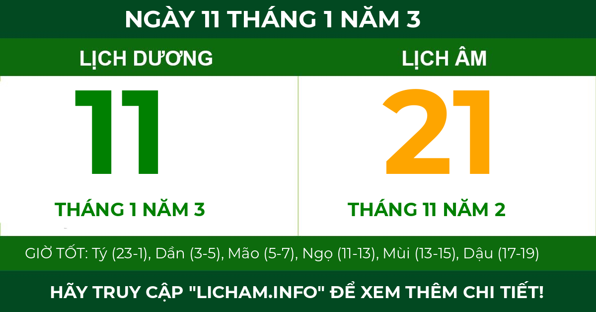 lịch âm ngày 11 tháng 1 năm 3
