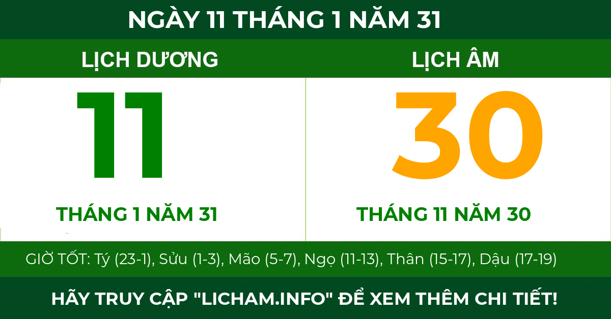 lịch âm ngày 11 tháng 1 năm 31
