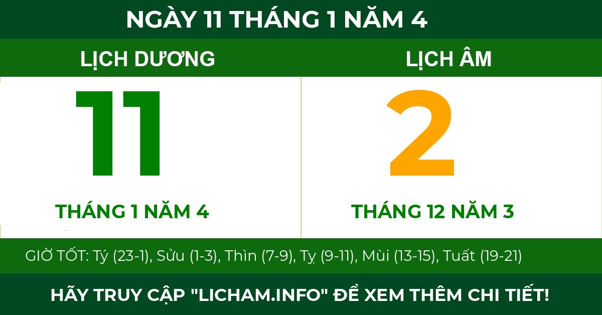 lịch âm ngày 11 tháng 1 năm 4