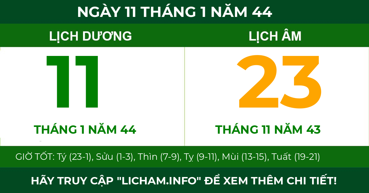 lịch âm ngày 11 tháng 1 năm 44