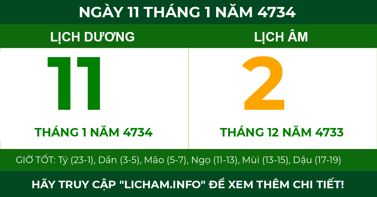 lịch âm ngày 11 tháng 1 năm 4734