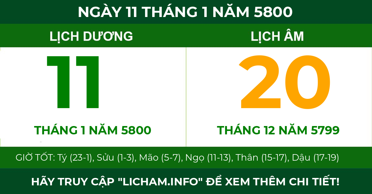 lịch âm ngày 11 tháng 1 năm 5800