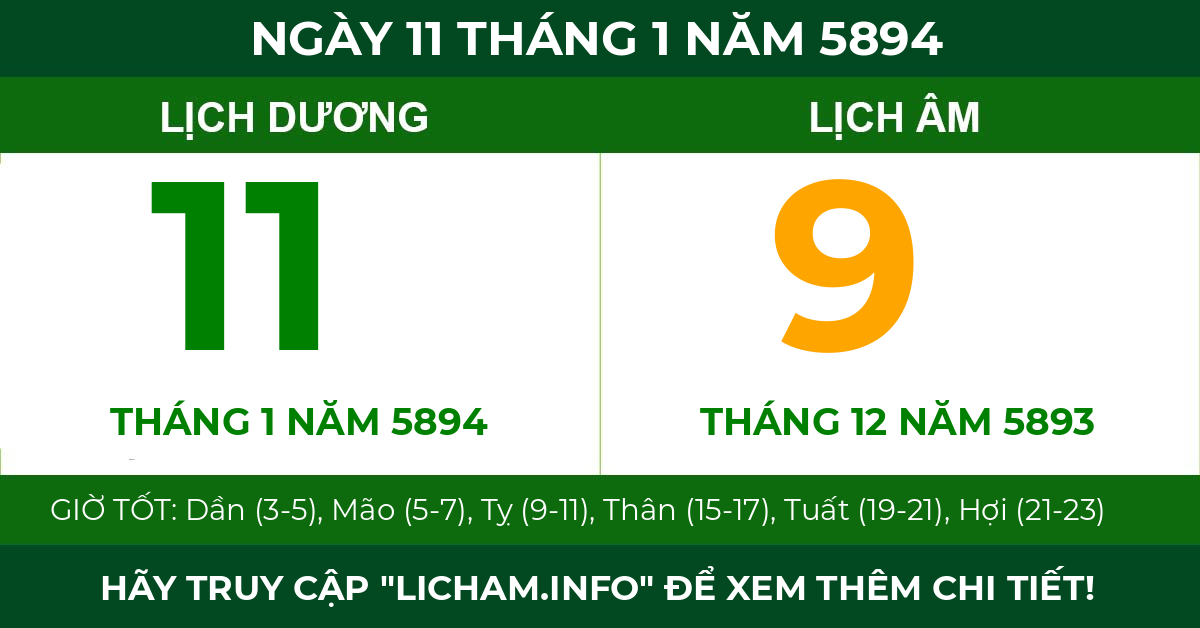 lịch âm ngày 11 tháng 1 năm 5894