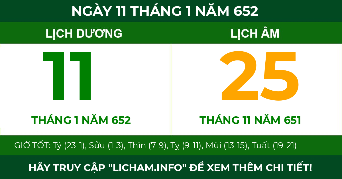 lịch âm ngày 11 tháng 1 năm 652