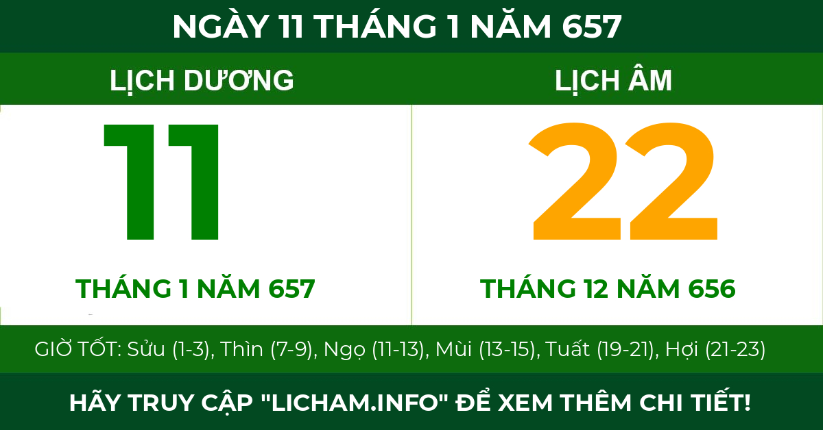 lịch âm ngày 11 tháng 1 năm 657