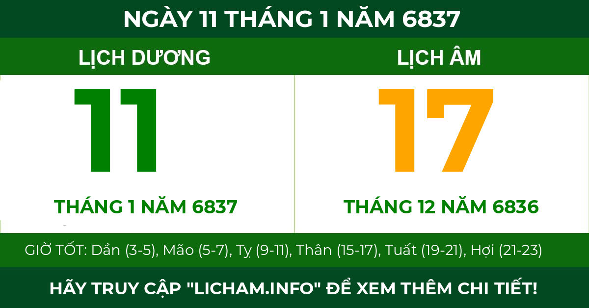 lịch âm ngày 11 tháng 1 năm 6837