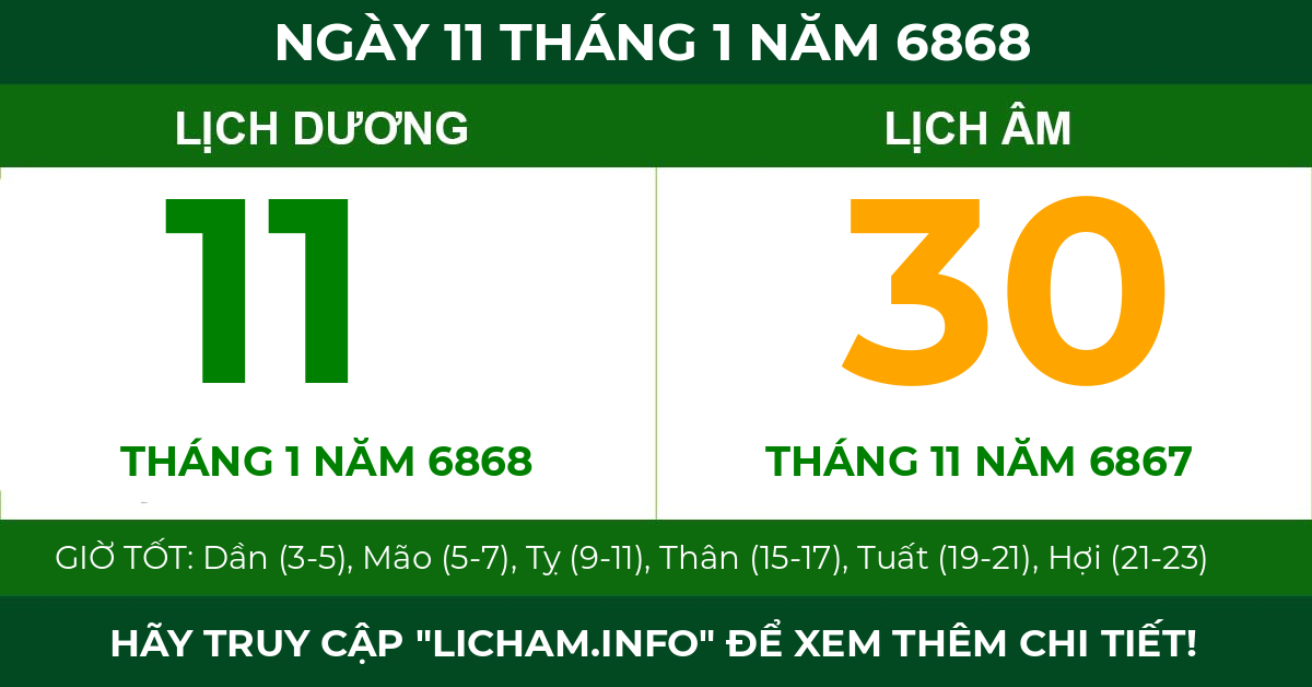 lịch âm ngày 11 tháng 1 năm 6868