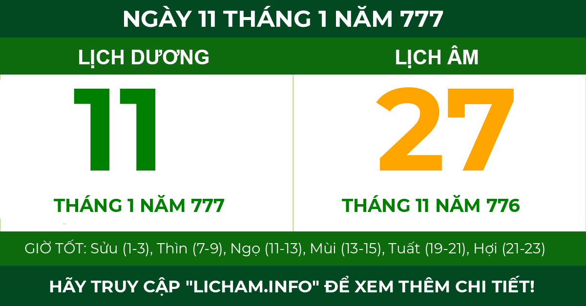lịch âm ngày 11 tháng 1 năm 777