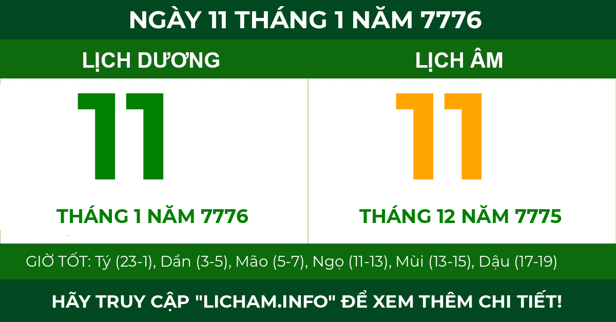 lịch âm ngày 11 tháng 1 năm 7776