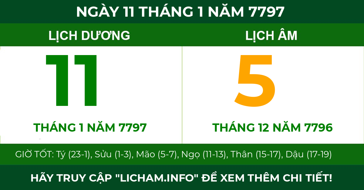 lịch âm ngày 11 tháng 1 năm 7797