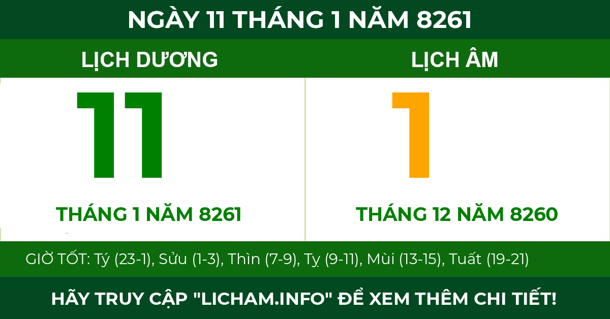 lịch âm ngày 11 tháng 1 năm 8261
