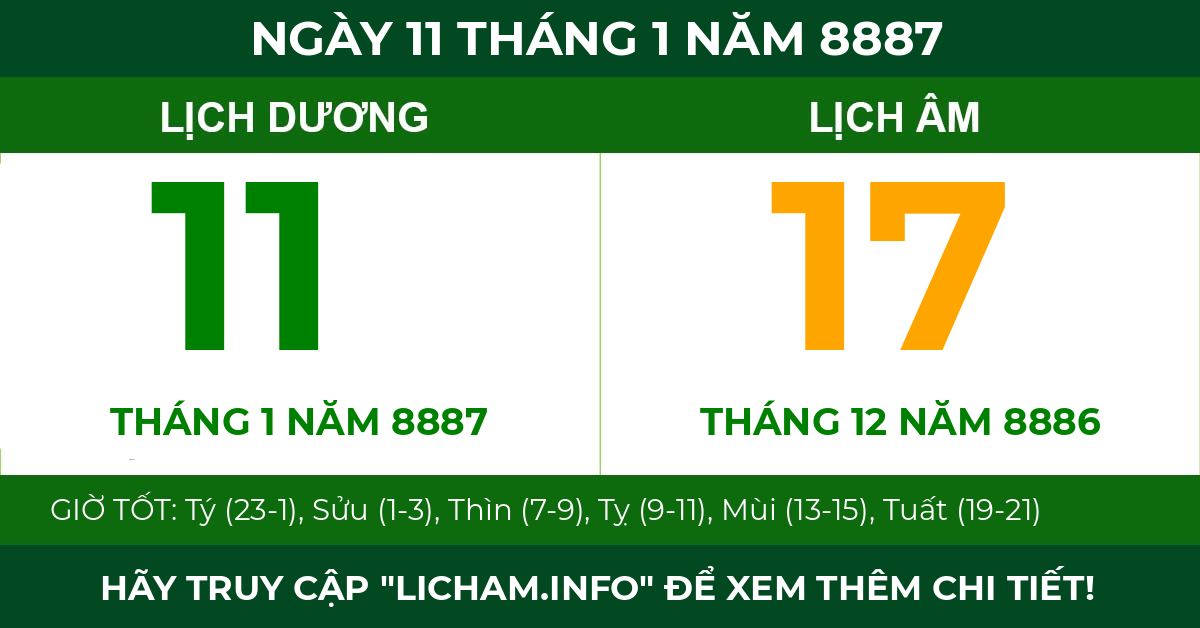 lịch âm ngày 11 tháng 1 năm 8887