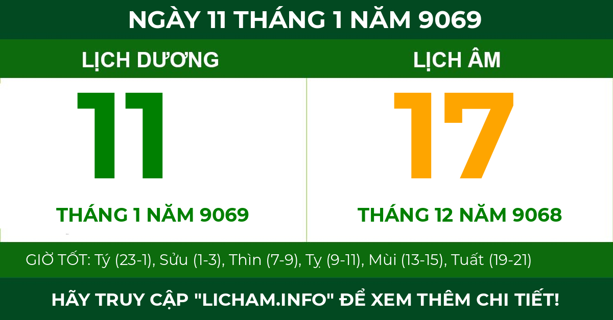 lịch âm ngày 11 tháng 1 năm 9069