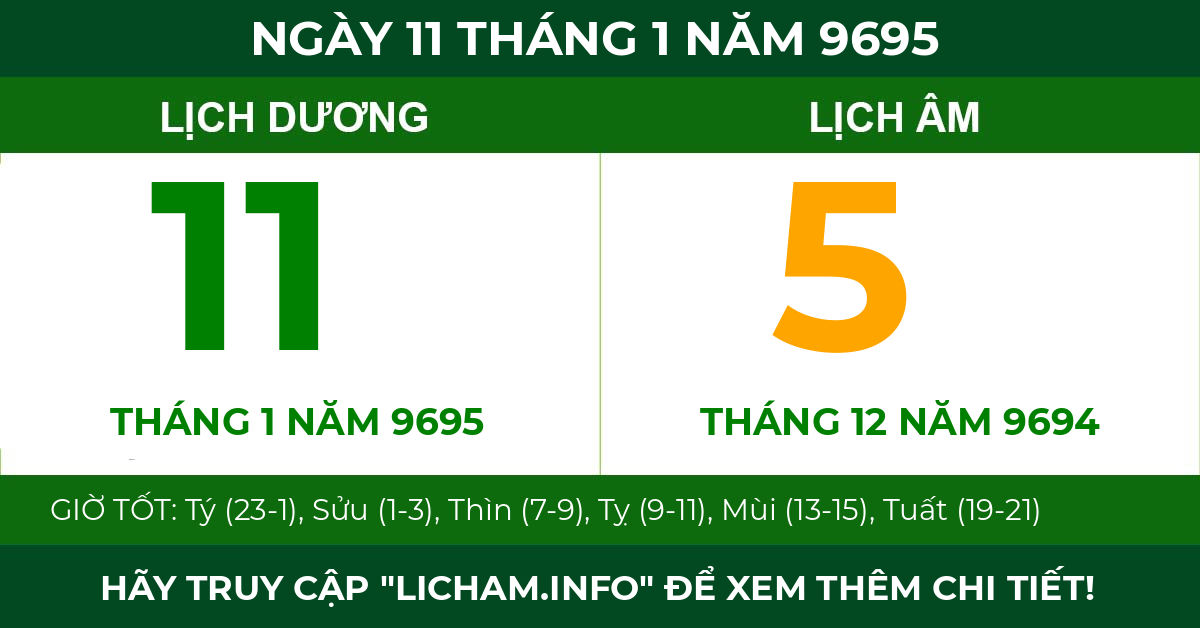 lịch âm ngày 11 tháng 1 năm 9695