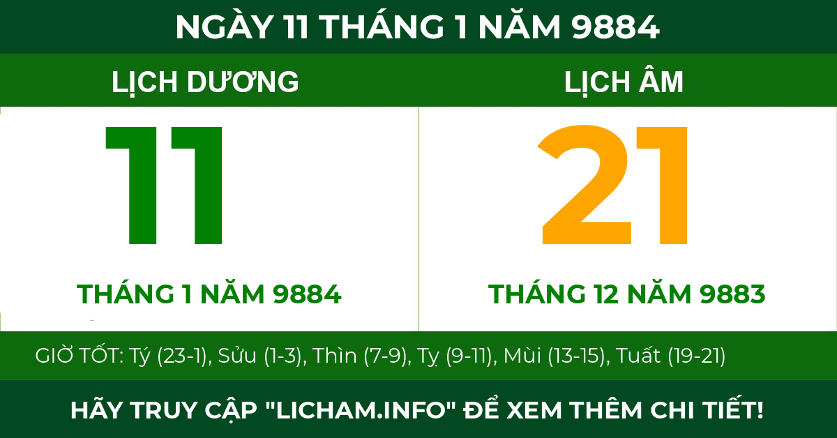 lịch âm ngày 11 tháng 1 năm 9884