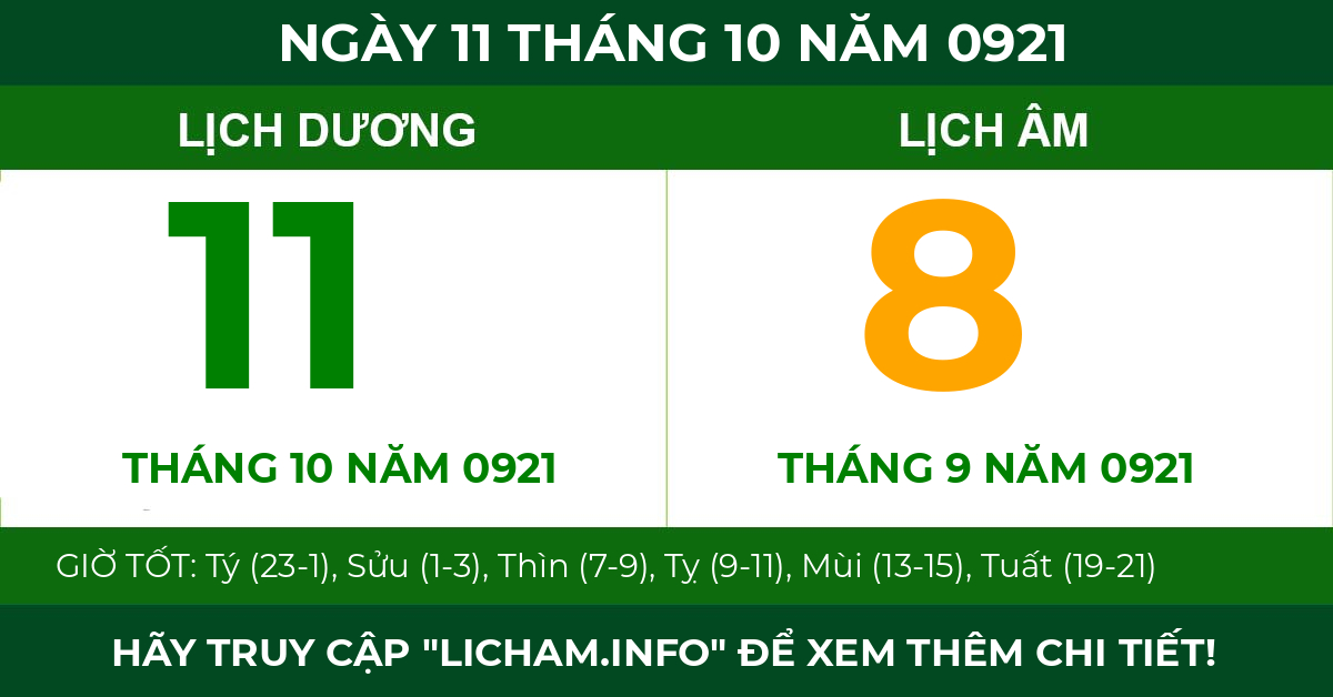 lịch âm ngày 11 tháng 10 năm 0921