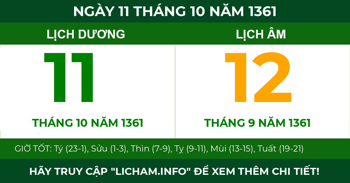 lịch âm ngày 11 tháng 10 năm 1361