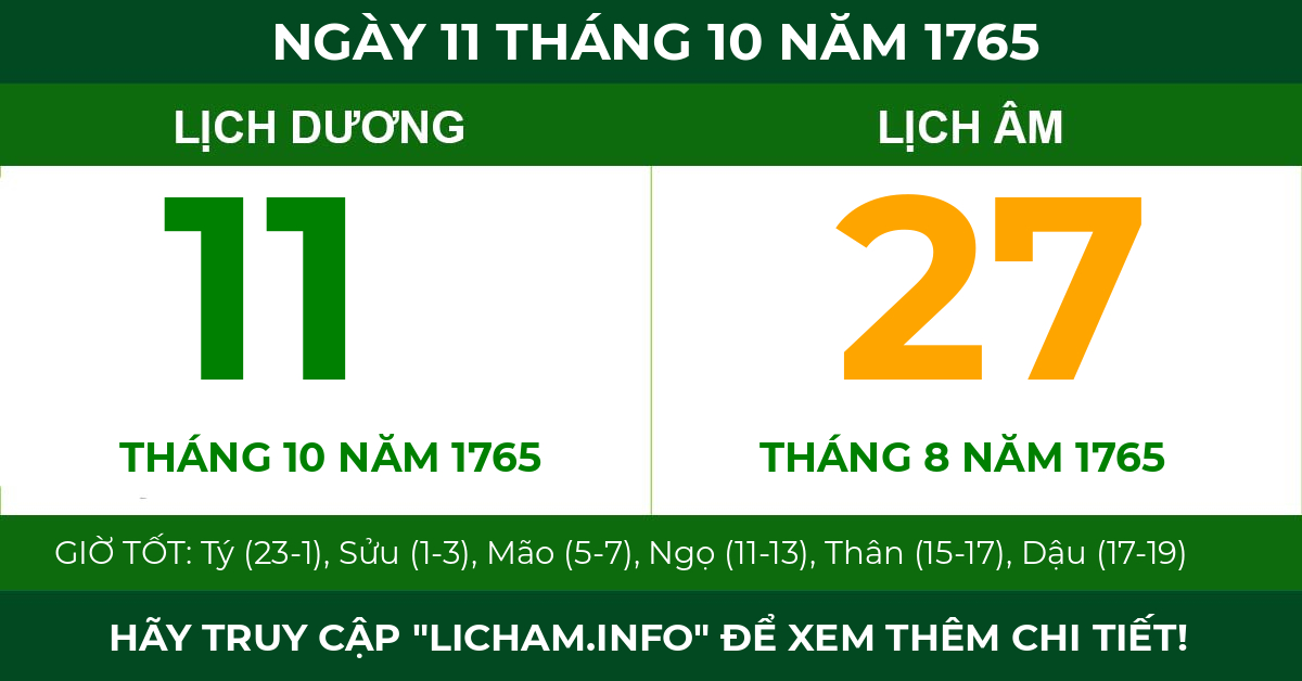 lịch âm ngày 11 tháng 10 năm 1765