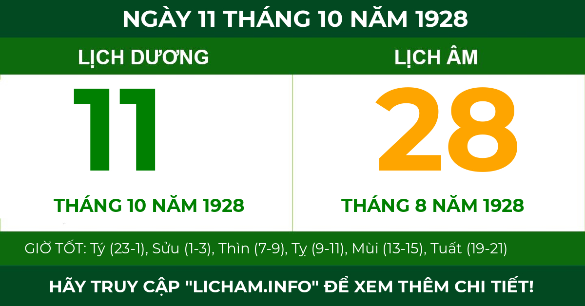 lịch âm ngày 11 tháng 10 năm 1928