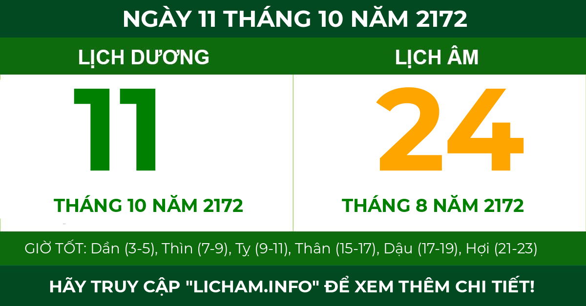 lịch âm ngày 11 tháng 10 năm 2172