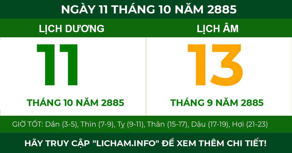 lịch âm ngày 11 tháng 10 năm 2885