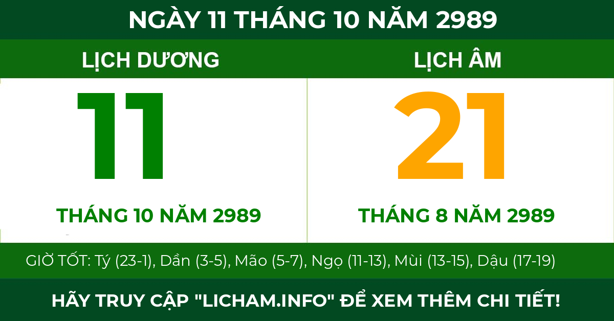 lịch âm ngày 11 tháng 10 năm 2989