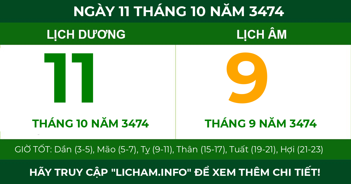 lịch âm ngày 11 tháng 10 năm 3474