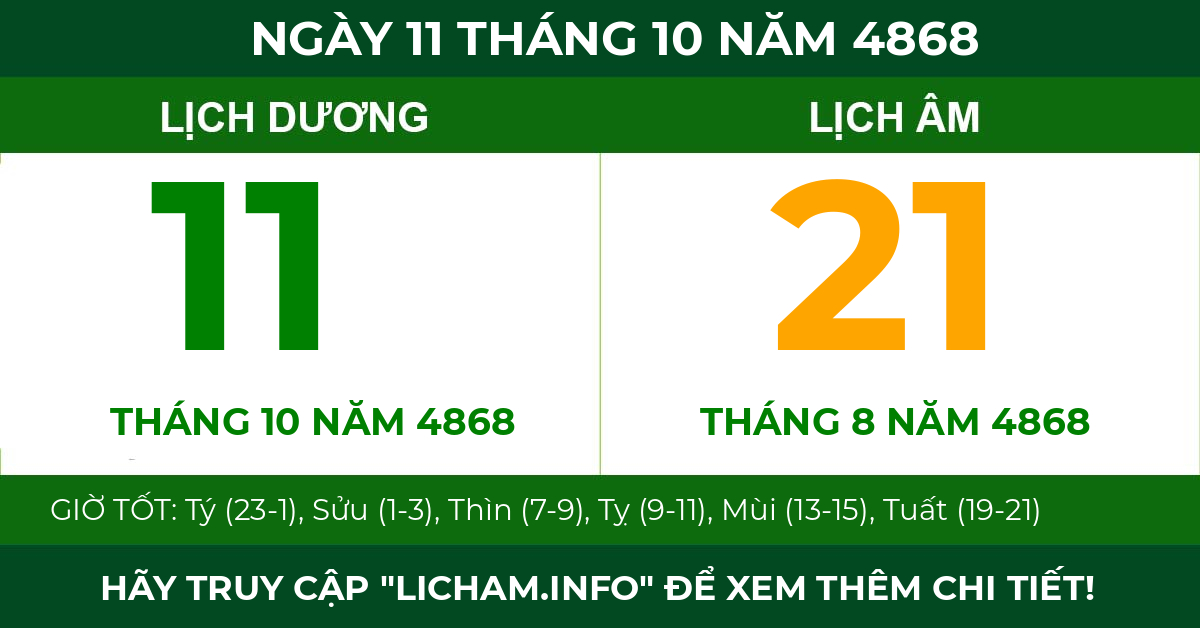 lịch âm ngày 11 tháng 10 năm 4868